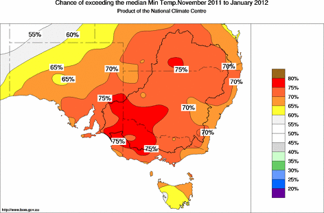 probability of exceeding median minimum temperature - click on the map for a larger version of the map