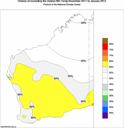 probability of exceeding median minimum temperature - click on the map for a larger version of the map