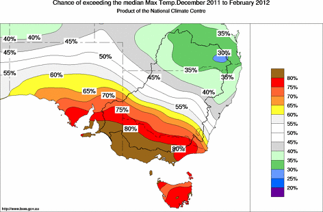 probability of exceeding median maximum temperature - click on the map for a larger version of the map