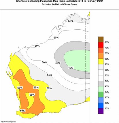 probability of exceeding median maximum temperature - click on the map for a larger version of the map