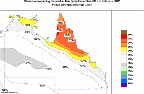 probability of exceeding median minimum temperature - click on the map for a larger version of the map
