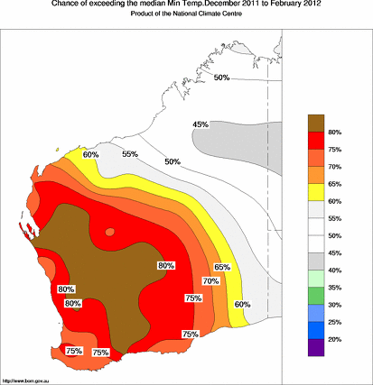 probability of exceeding median minimum temperature - click on the map for a larger version of the map
