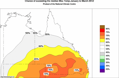 probability of exceeding median maximum temperature - click on the map for a larger version of the map