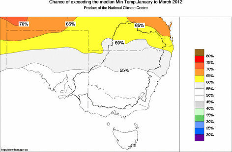 probability of exceeding median minimum temperature - click on the map for a larger version of the map