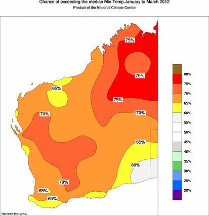 probability of exceeding median minimum temperature - click on the map for a larger version of the map