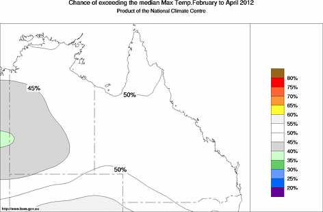 probability of exceeding median maximum temperature - click on the map for a larger version of the map