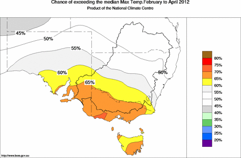 probability of exceeding median maximum temperature - click on the map for a larger version of the map