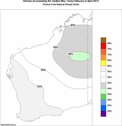 probability of exceeding median maximum temperature - click on the map for a larger version of the map