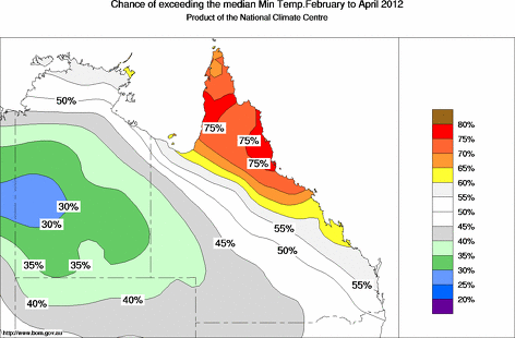 probability of exceeding median minimum temperature - click on the map for a larger version of the map