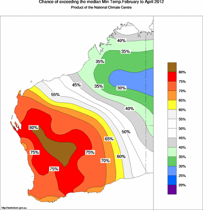 probability of exceeding median minimum temperature - click on the map for a larger version of the map