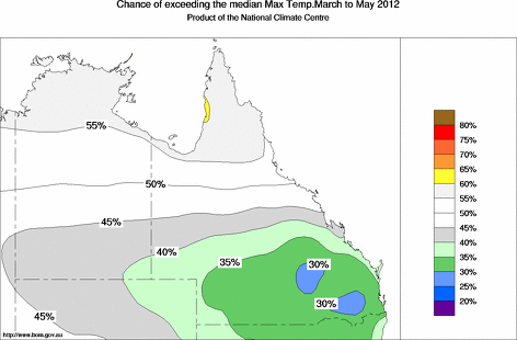 probability of exceeding median maximum temperature - click on the map for a larger version of the map