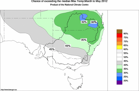 probability of exceeding median maximum temperature - click on the map for a larger version of the map