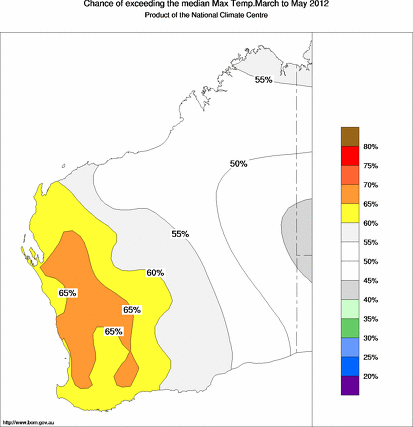 probability of exceeding median maximum temperature - click on the map for a larger version of the map