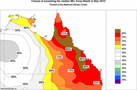 probability of exceeding median minimum temperature - click on the map for a larger version of the map