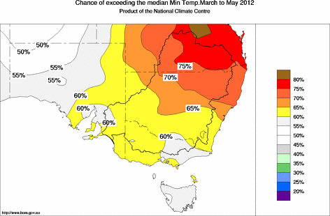 probability of exceeding median minimum temperature - click on the map for a larger version of the map