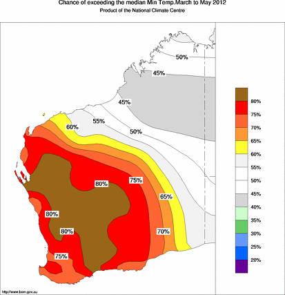 probability of exceeding median minimum temperature - click on the map for a larger version of the map