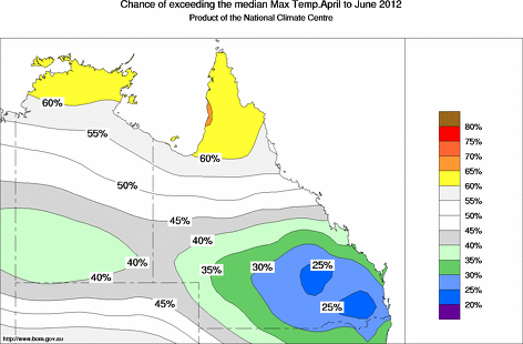 probability of exceeding median maximum temperature - click on the map for a larger version of the map