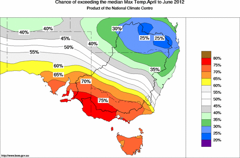 probability of exceeding median maximum temperature - click on the map for a larger version of the map