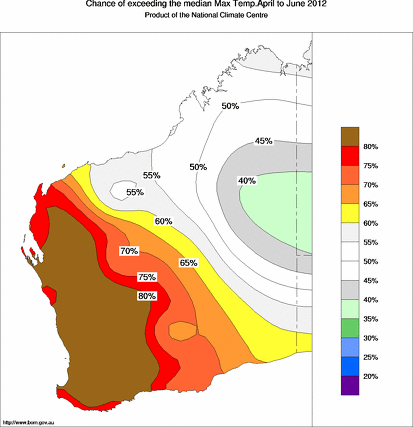 probability of exceeding median maximum temperature - click on the map for a larger version of the map