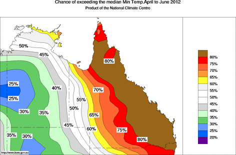 probability of exceeding median minimum temperature - click on the map for a larger version of the map