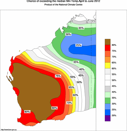 probability of exceeding median minimum temperature - click on the map for a larger version of the map