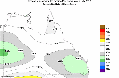 probability of exceeding median maximum temperature - click on the map for a larger version of the map