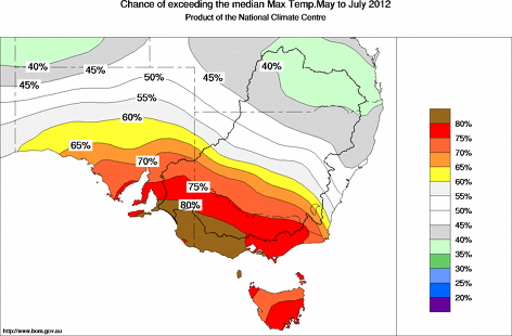 probability of exceeding median maximum temperature - click on the map for a larger version of the map