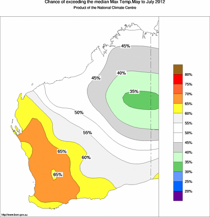 probability of exceeding median maximum temperature - click on the map for a larger version of the map