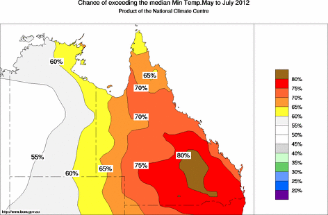 probability of exceeding median minimum temperature - click on the map for a larger version of the map