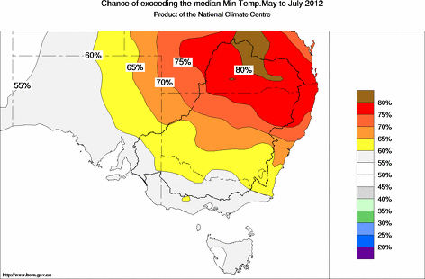 probability of exceeding median minimum temperature - click on the map for a larger version of the map