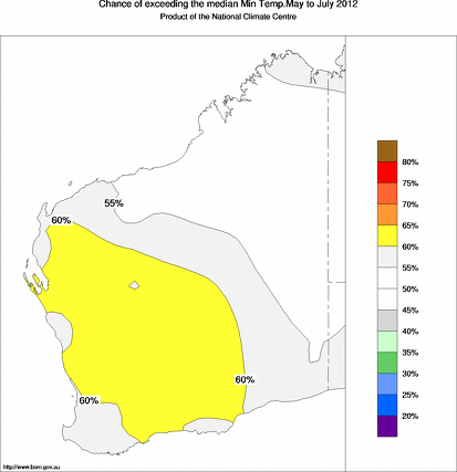 probability of exceeding median minimum temperature - click on the map for a larger version of the map