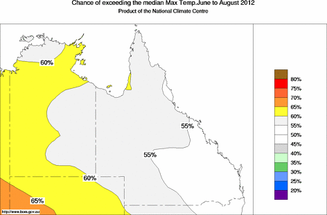 probability of exceeding median maximum temperature - click on the map for a larger version of the map