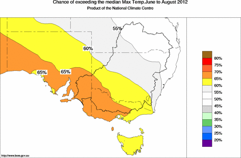 probability of exceeding median maximum temperature - click on the map for a larger version of the map