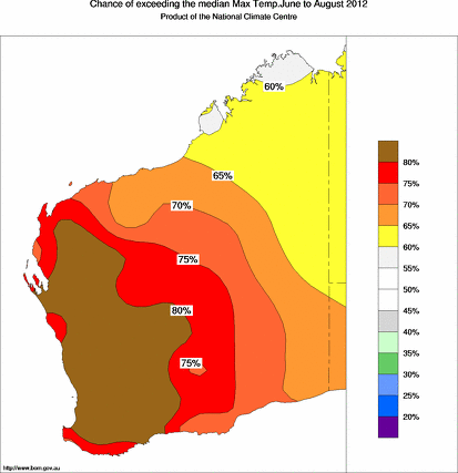probability of exceeding median maximum temperature - click on the map for a larger version of the map