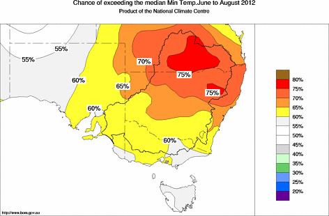 probability of exceeding median minimum temperature - click on the map for a larger version of the map