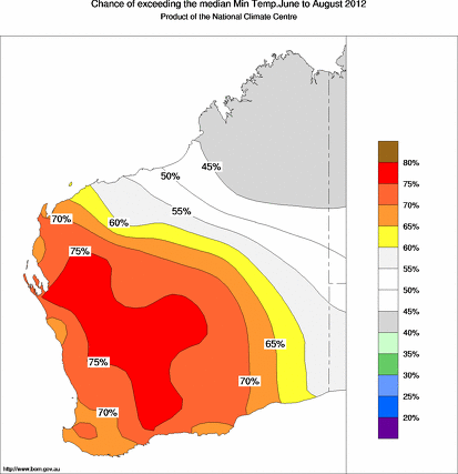 probability of exceeding median minimum temperature - click on the map for a larger version of the map