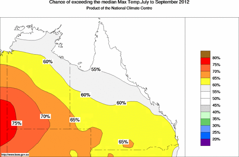 probability of exceeding median maximum temperature - click on the map for a larger version of the map