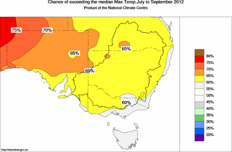probability of exceeding median maximum temperature - click on the map for a larger version of the map