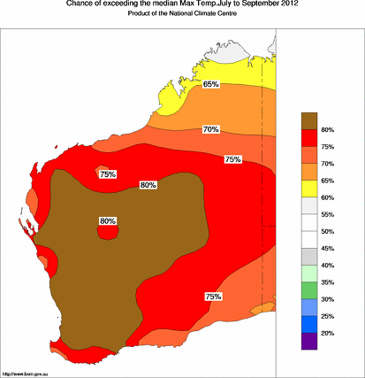 probability of exceeding median maximum temperature - click on the map for a larger version of the map