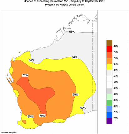 probability of exceeding median minimum temperature - click on the map for a larger version of the map