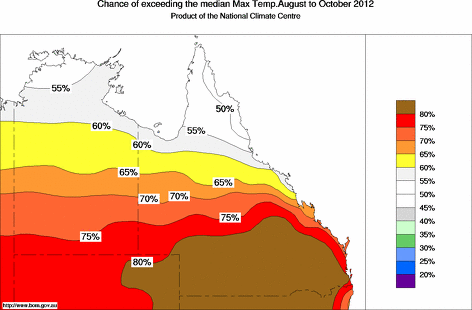 probability of exceeding median maximum temperature - click on the map for a larger version of the map
