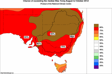 probability of exceeding median maximum temperature - click on the map for a larger version of the map