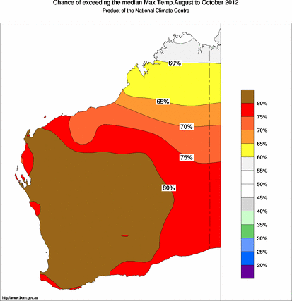 probability of exceeding median maximum temperature - click on the map for a larger version of the map