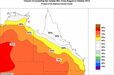 probability of exceeding median minimum temperature - click on the map for a larger version of the map