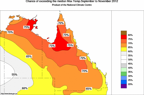 probability of exceeding median maximum temperature - click on the map for a larger version of the map