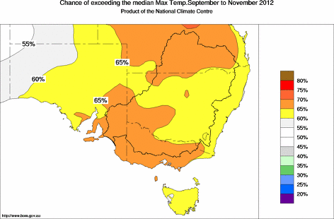 probability of exceeding median maximum temperature - click on the map for a larger version of the map