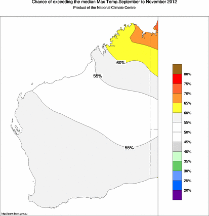 probability of exceeding median maximum temperature - click on the map for a larger version of the map