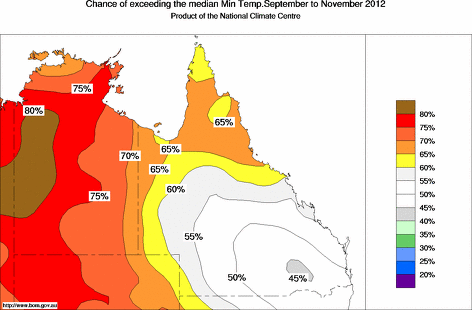 probability of exceeding median minimum temperature - click on the map for a larger version of the map