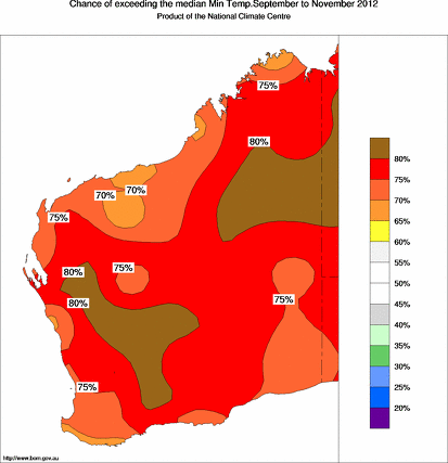 probability of exceeding median minimum temperature - click on the map for a larger version of the map