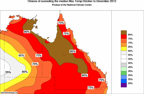 probability of exceeding median maximum temperature - click on the map for a larger version of the map